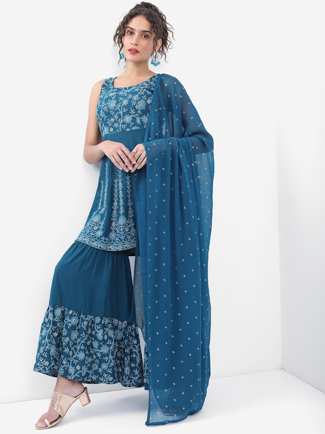 

KETCH Floral Printed Regular Kurta With Sharara & Dupatta, Blue
