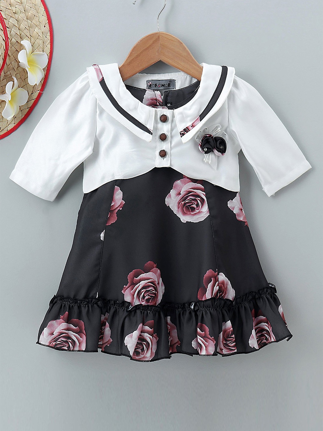 

Enfance Girls Floral Printed Satin Drop Waist Dress With Jacket, Black