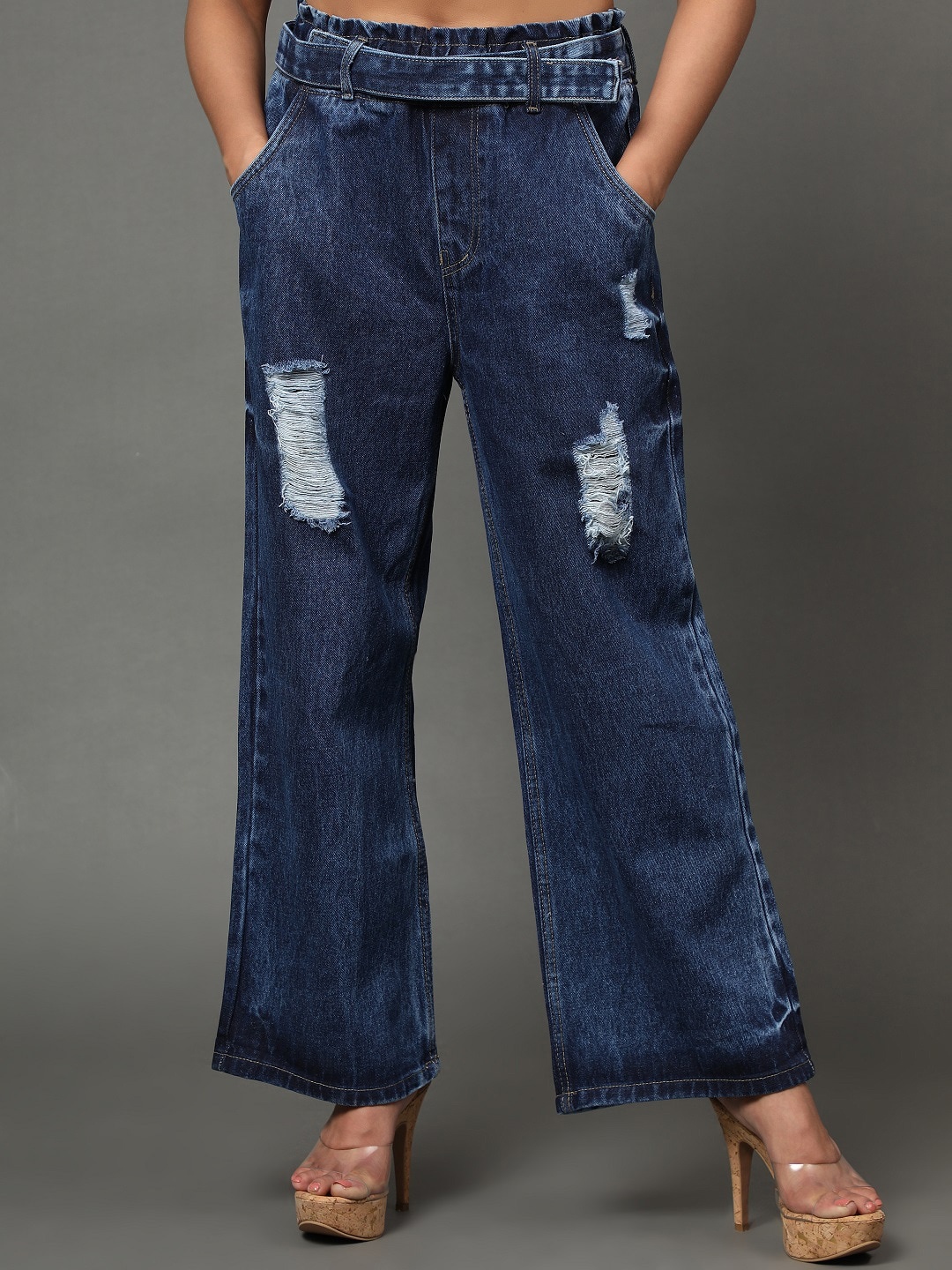

BAESD Women Jean Wide Leg High-Rise Mildly Distressed High-Rise Cotton Jeans with Belt, Blue