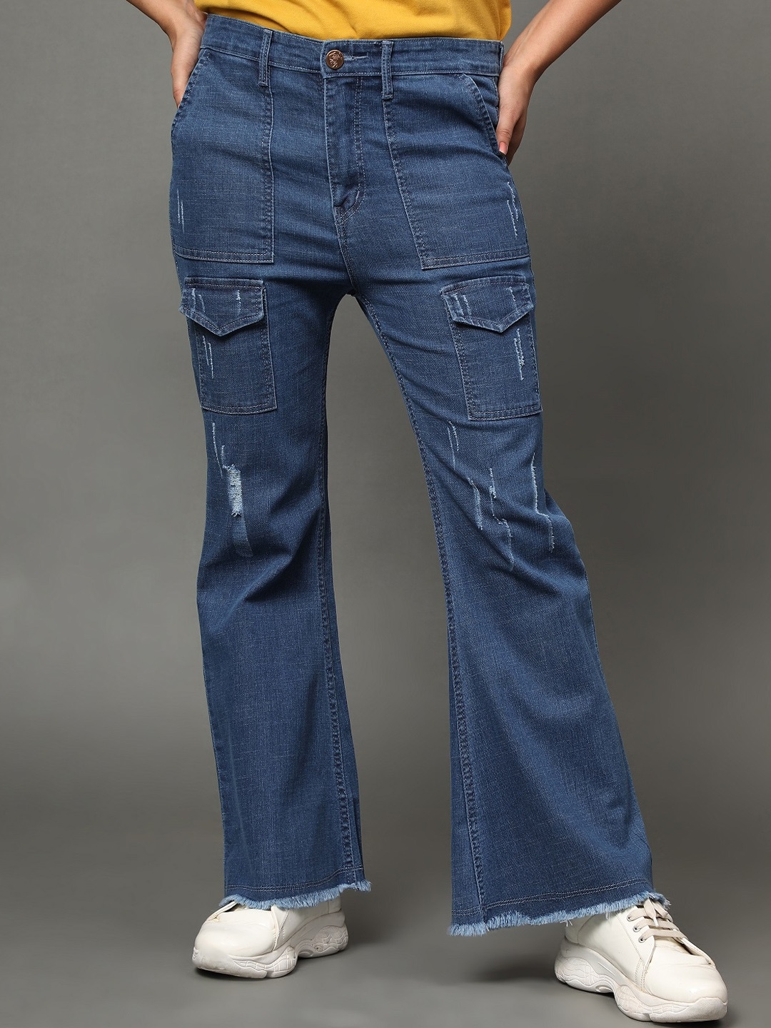 

BAESD Women Jean Bootcut High-Rise Mildly Distressed Cotton Jeans, Blue