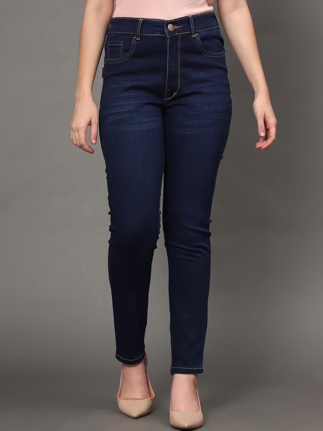 

BAESD Women Skinny Fit Mid-Rise Light Fade Clean Look Stretchable Cotton Jeans, Blue