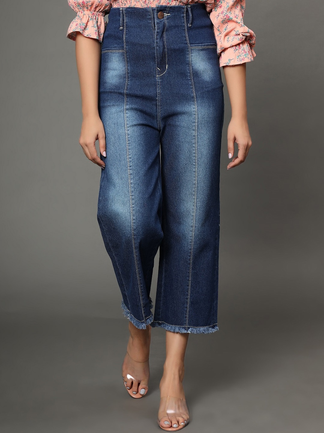 

BAESD Women Jean Relaxed Fit Light Fade High-Rise Cropped Cotton Jeans, Navy blue