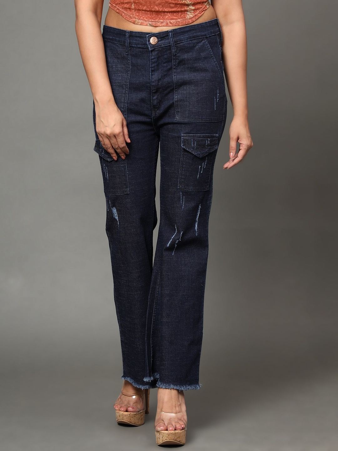

BAESD Women Jean Bootcut Mildly Distressed High-Rise Cotton Jeans, Blue