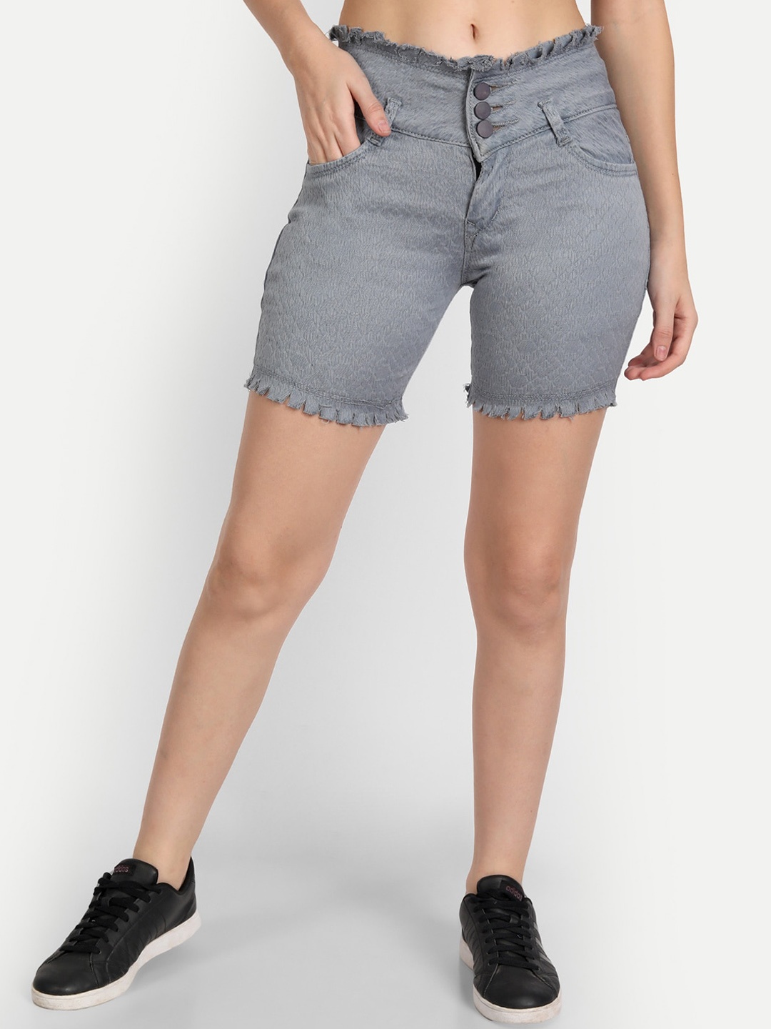 

BAESD Women Self-Design Mid-Rise Denim Shorts, Grey