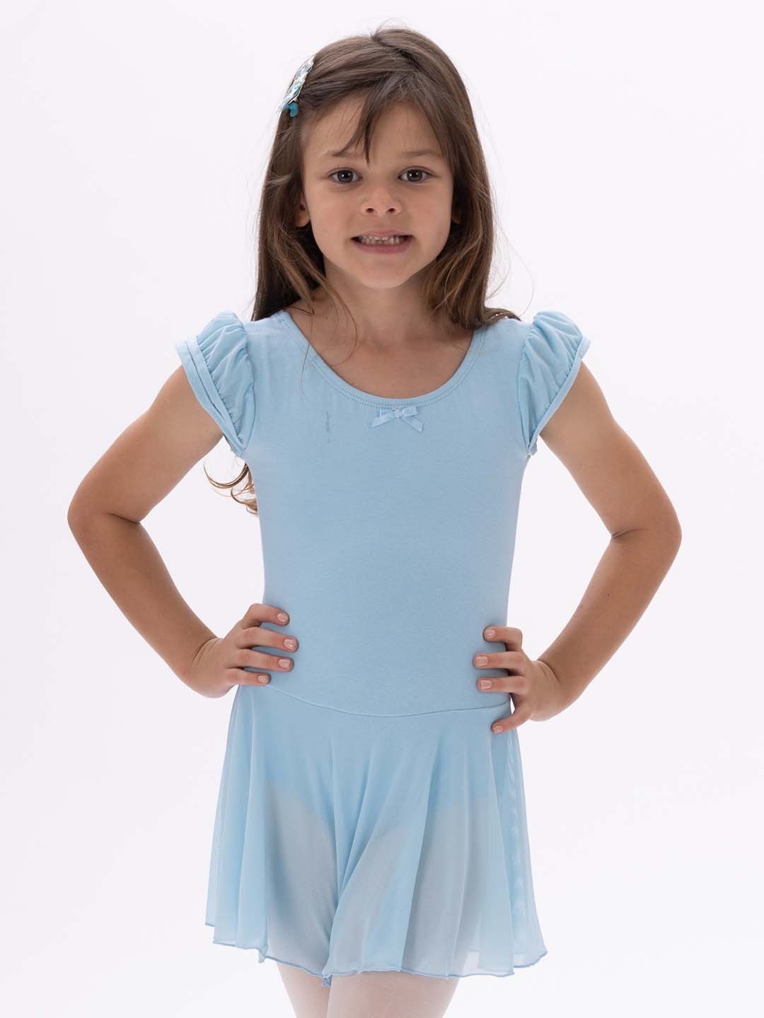 

IKAANYA Girls Puff Sleeves Drop Waist Leotard Dress And Tights, Blue