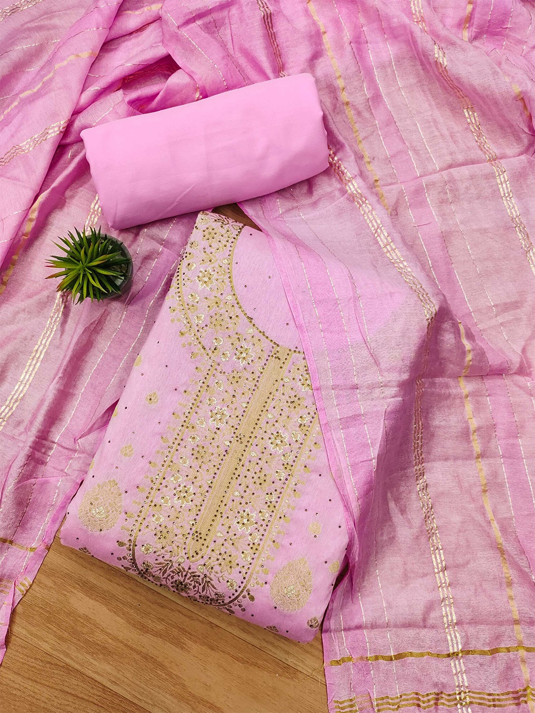 

KALINI Chanderi Jacquard Silk Unstitched Dress Material, Pink