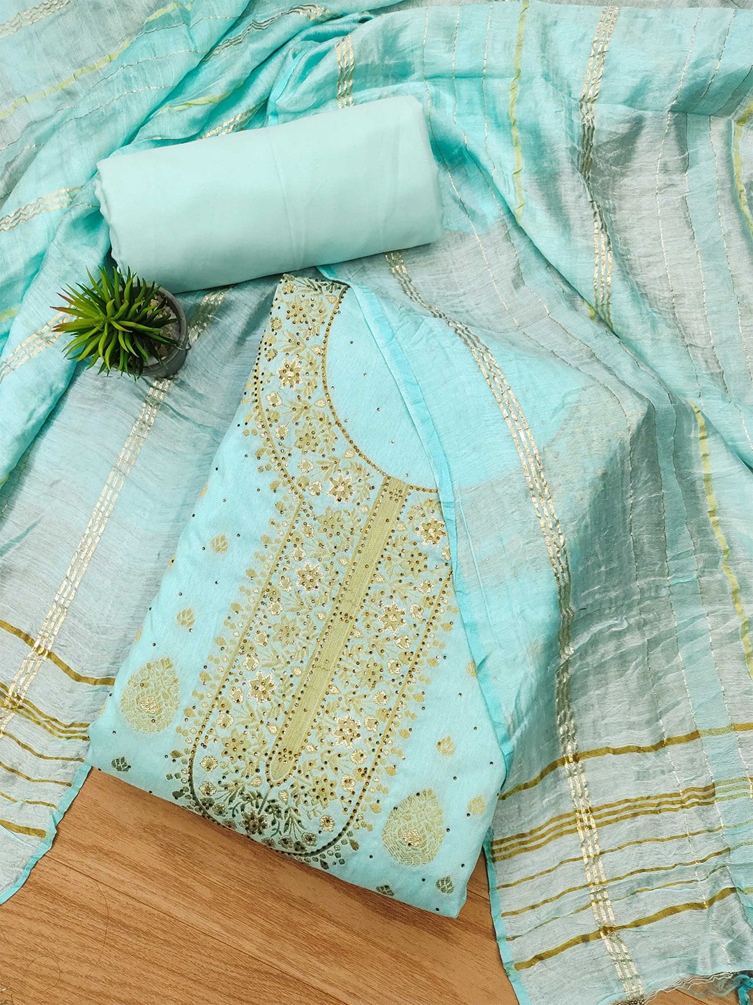 

KALINI Chanderi Jacquard Silk Unstitched Dress Material, Blue