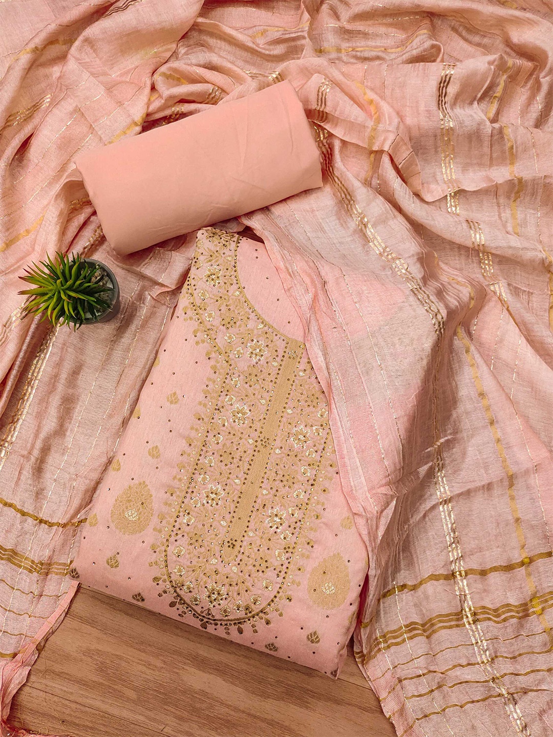 

KALINI Chanderi Jacquard Silk Unstitched Dress Material, Orange