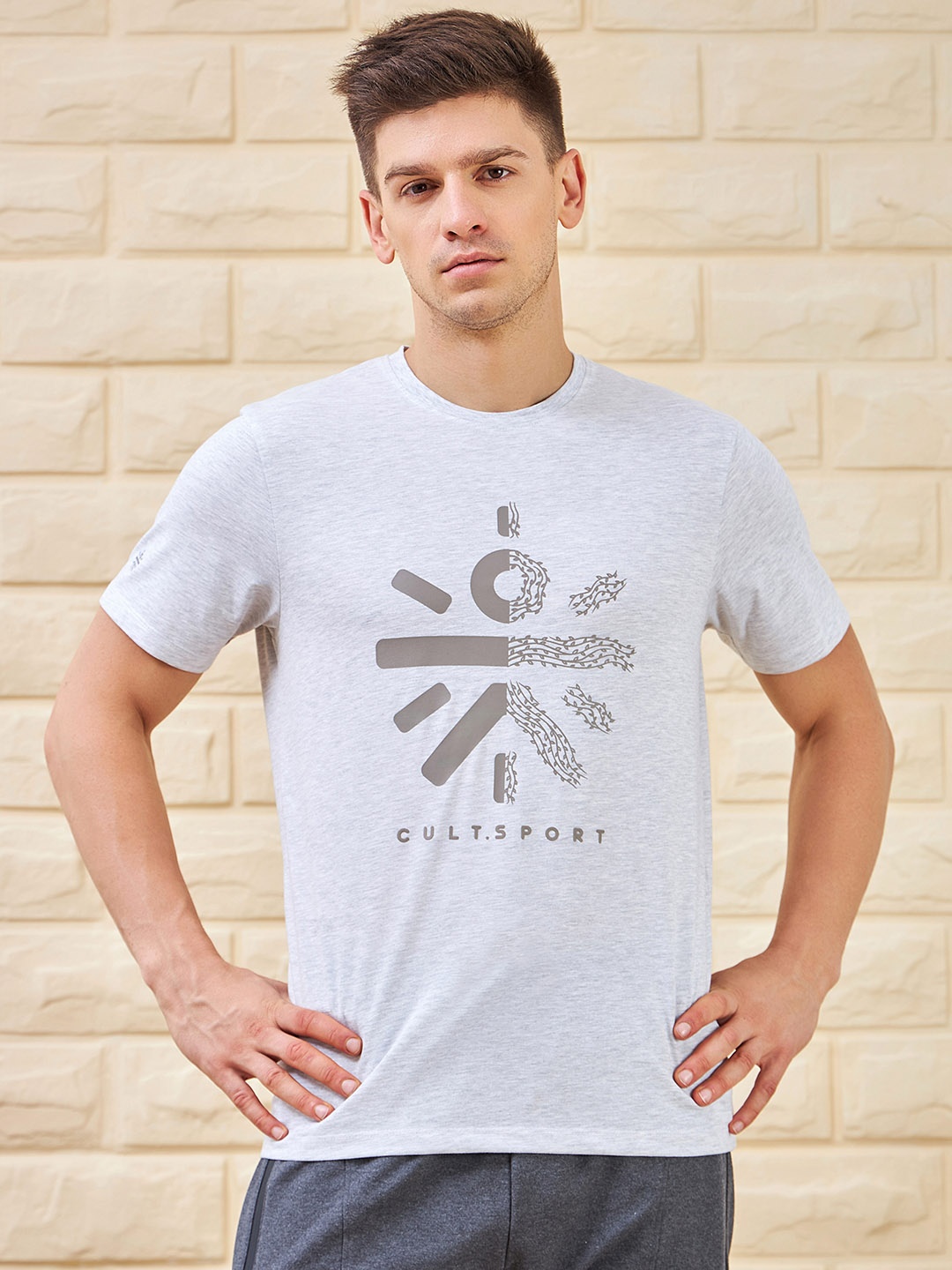 

CULT Brand Logo Printed Moisture Wicking Cotton Yoga T-shirt, Grey