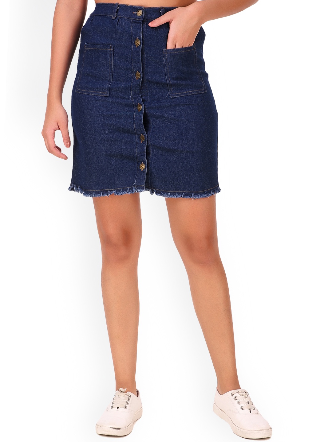 

KASHIAN Frayed Denim Straight Skirt, Navy blue