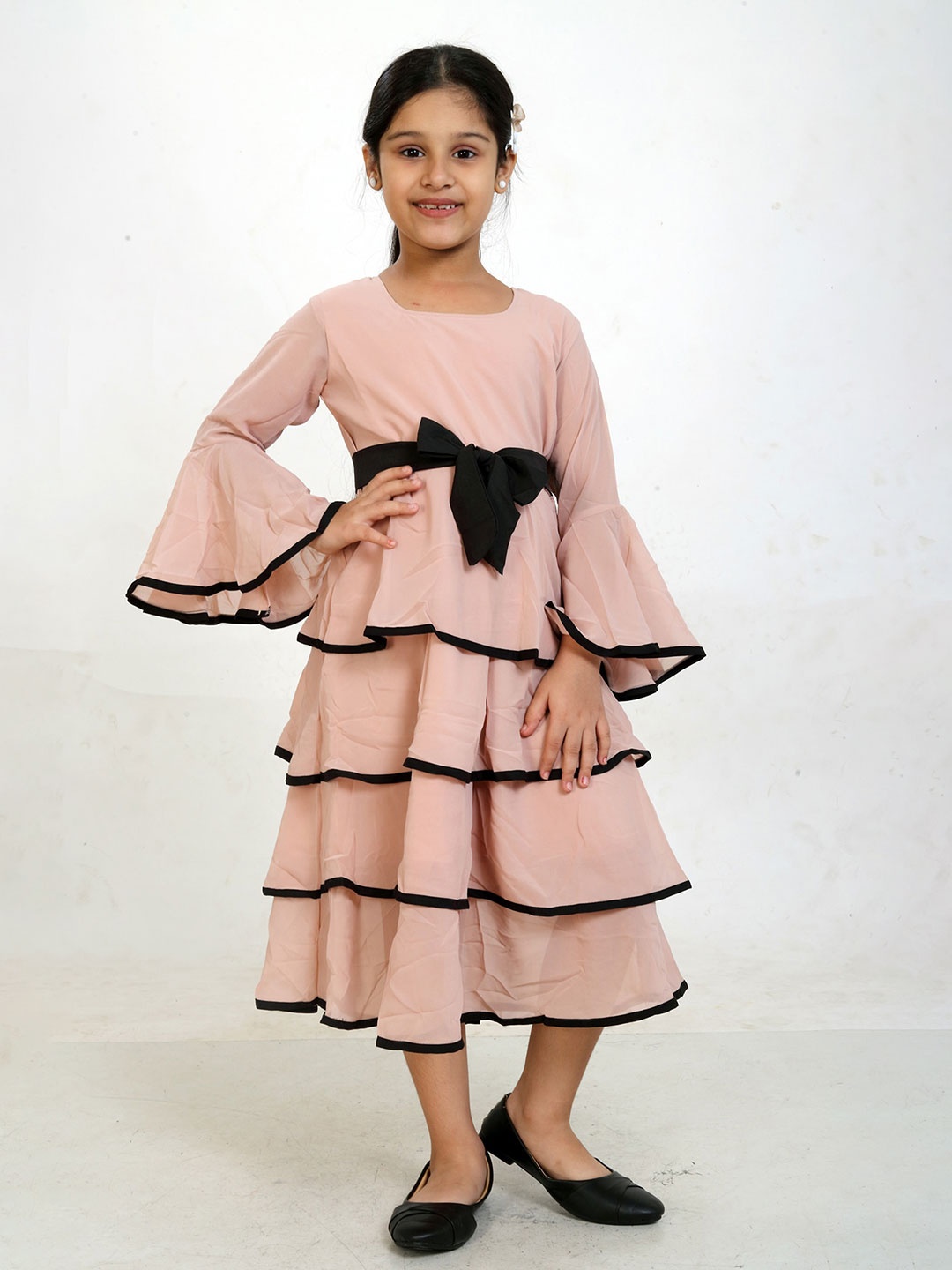 

GO Kids Girls Bell Sleeve & Layered Detailed Georgette Fit & Flare Dress, Peach