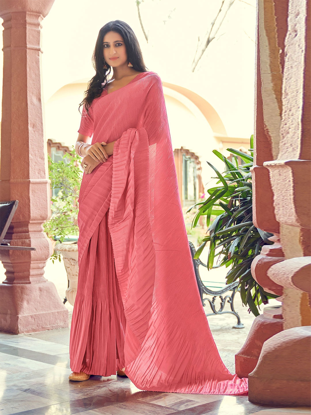 

Mitera Pink Accordion Pleated Silk Blend Saree
