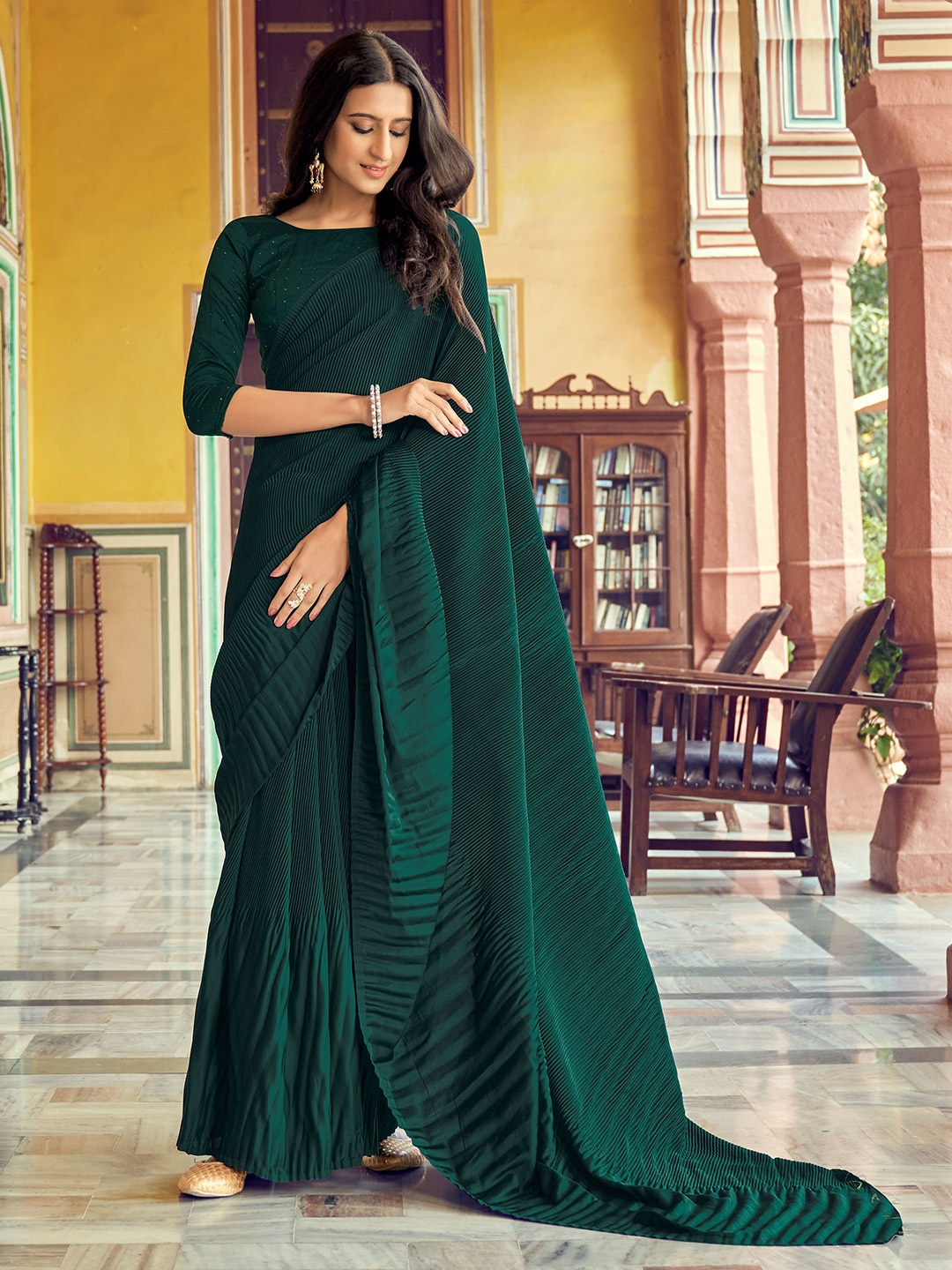 

Mitera Olive Green Silk Blend Saree