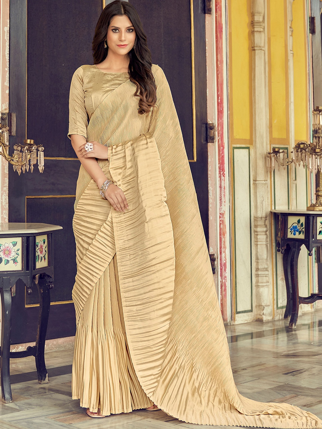 

Mitera Beige Silk Blend Saree