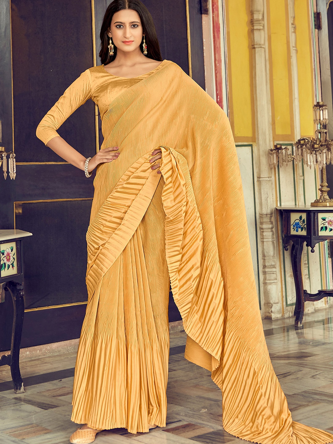 

Mitera Accordion Pleated Saree, Mustard