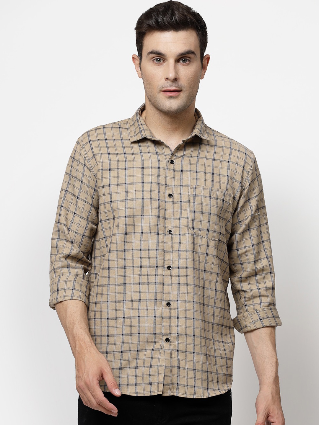 

ADWYN PETER Checked Spread Collar Casual Shirt, Beige