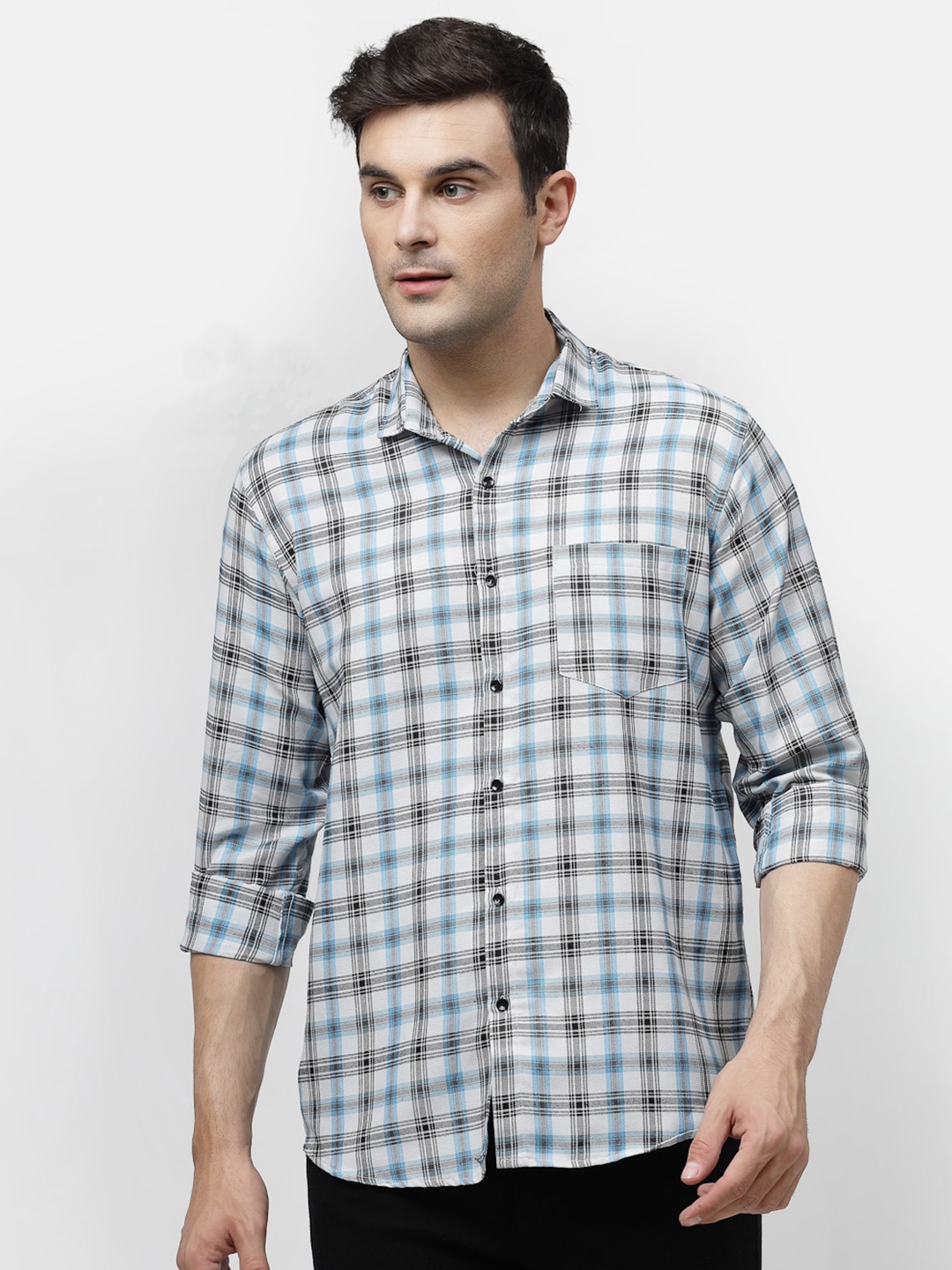 

ADWYN PETER Spread Collar Tartan Checked Casual Cotton Shirt, Blue
