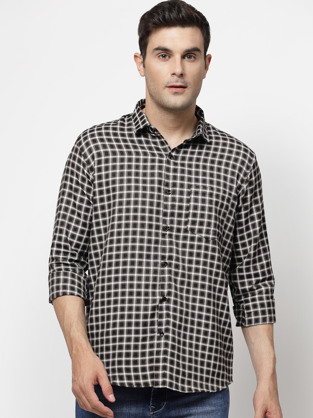

ADWYN PETER Spread Collar Gingham Checked Casual Shirt, Beige