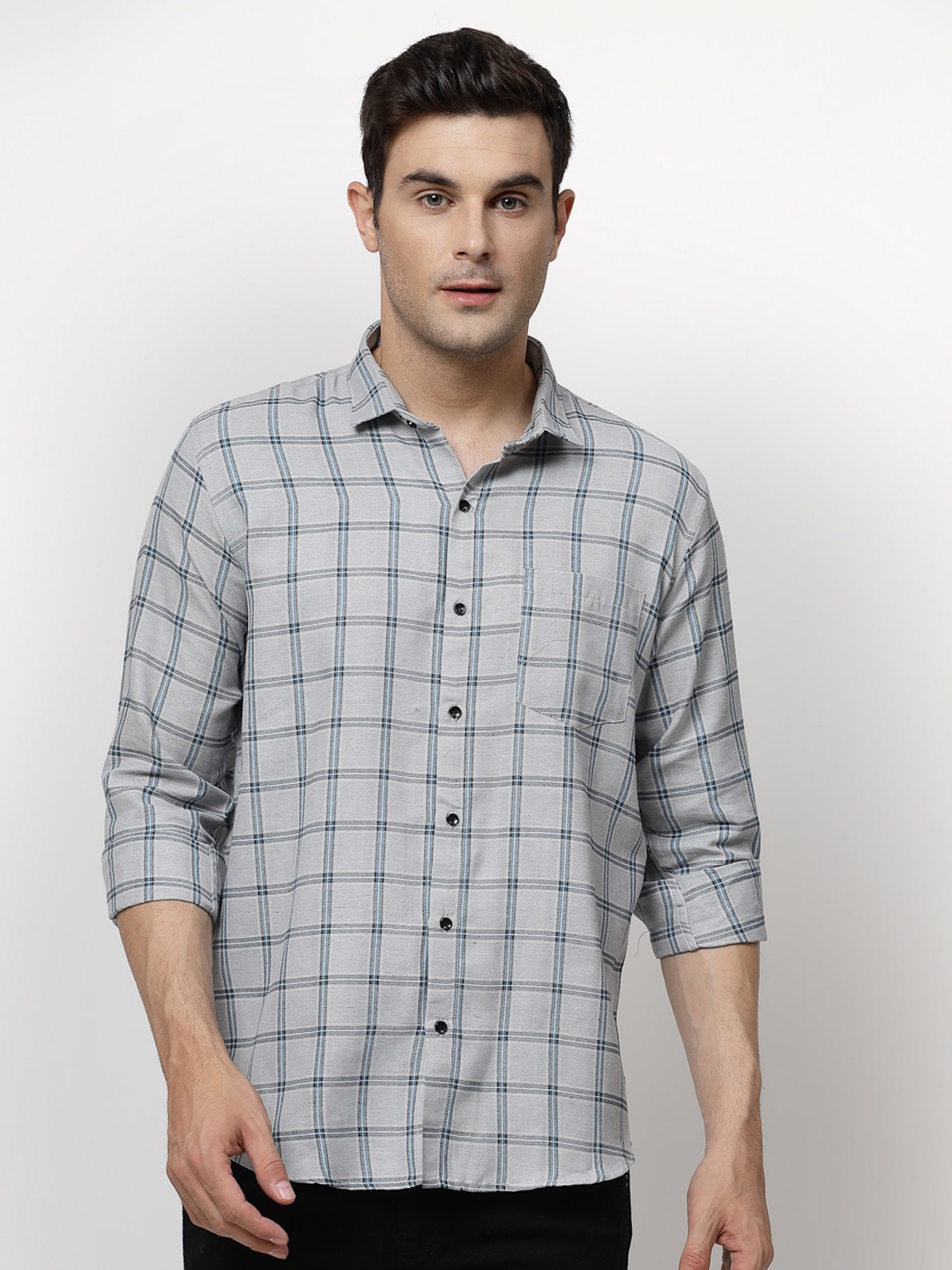 

ADWYN PETER Tartan Checked Spread Collar Casual Shirt, Grey