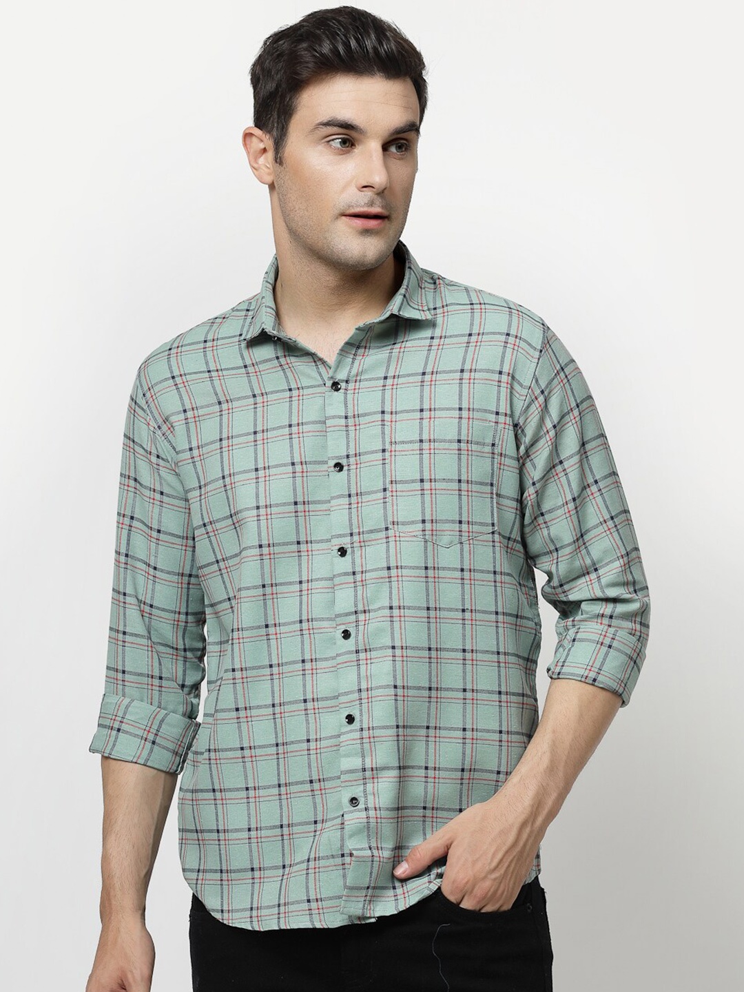 

ADWYN PETER Men Green Tartan Checks Opaque Checked Casual Shirt