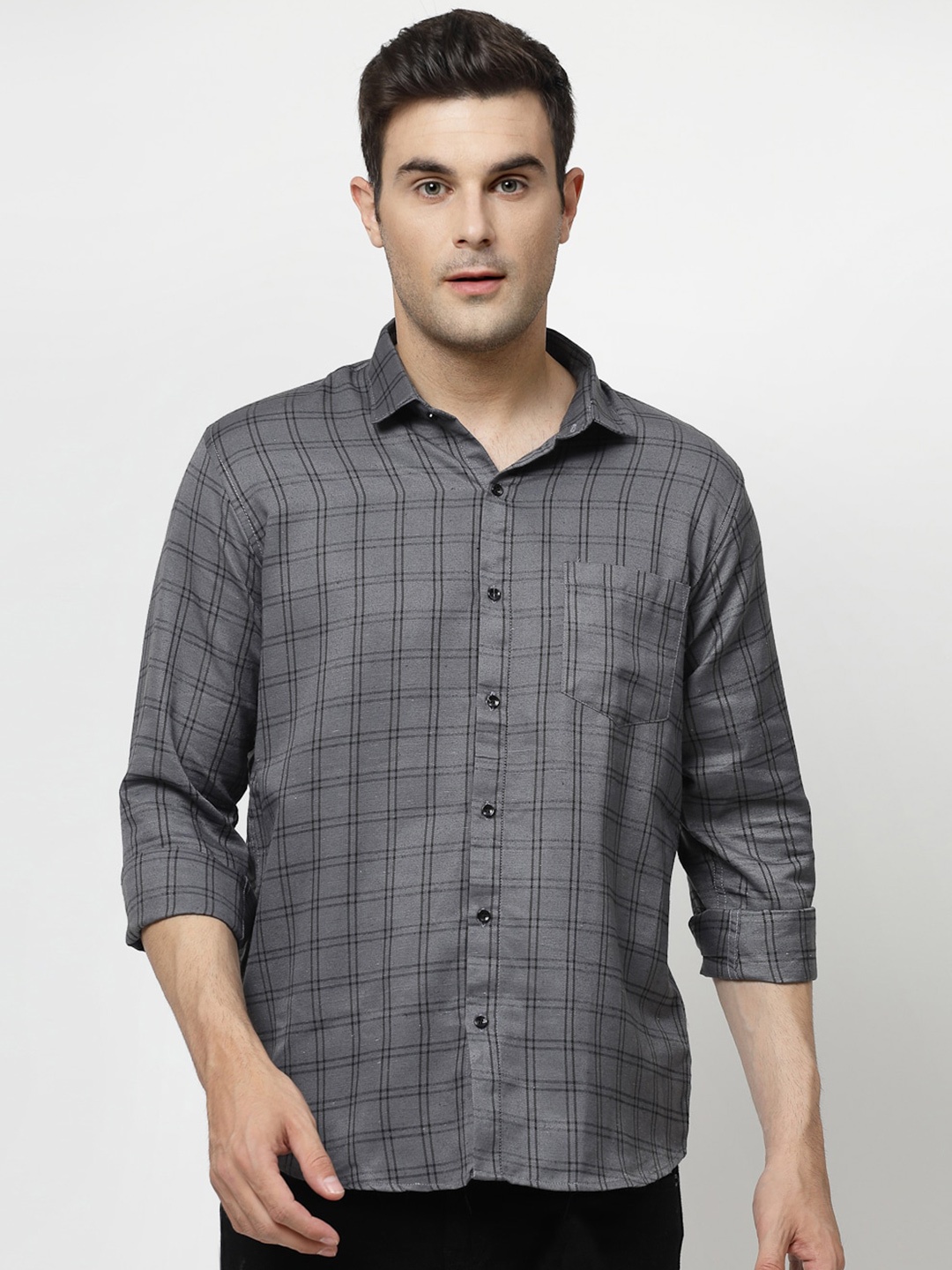 

ADWYN PETER Tartan Checks Spread Collar Casual Shirt, Grey