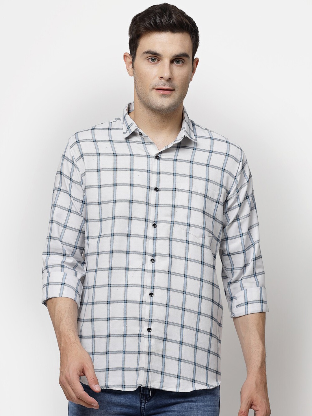 

ADWYN PETER Tartan Checked Spread Collar Casual Shirt, White