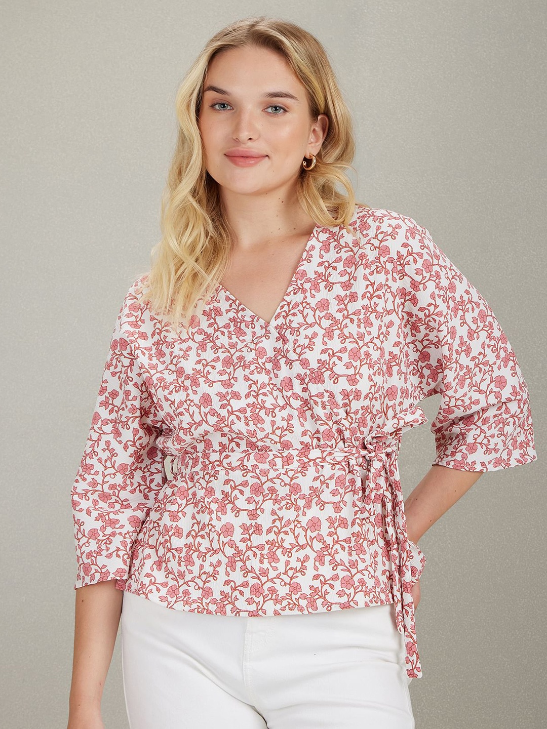 

U.S. Polo Assn. Women Floral Printed Puff Sleeve Wrap Top, Pink