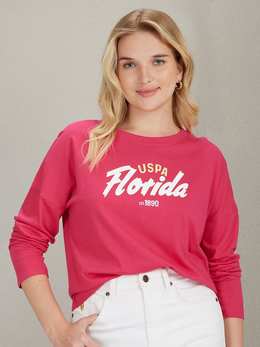 

U.S. Polo Assn. Women Typography Printed Long Sleeves Pure Cotton T-Shirt, Pink