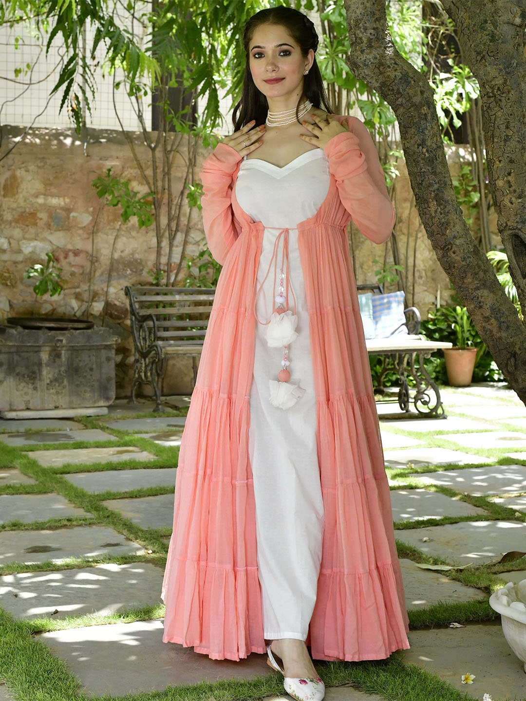 

Lirose Alora Shoulder Straps Maxi Cotton Dress With Tiered Shrug, Peach