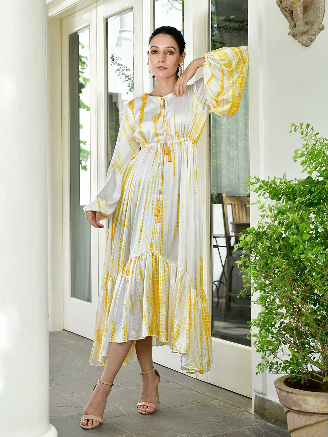 

Lirose Nitaira Tie And Dye Tie Up Neck Satin Fit & Flare Midi Dress, Yellow