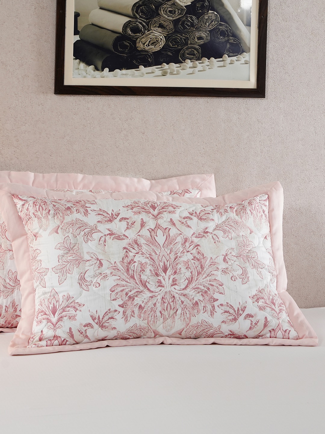 

Maspar Tranquil Essence White & Peach Printed 2 Pcs 145 GSM Cotton Standard Pillow Sham