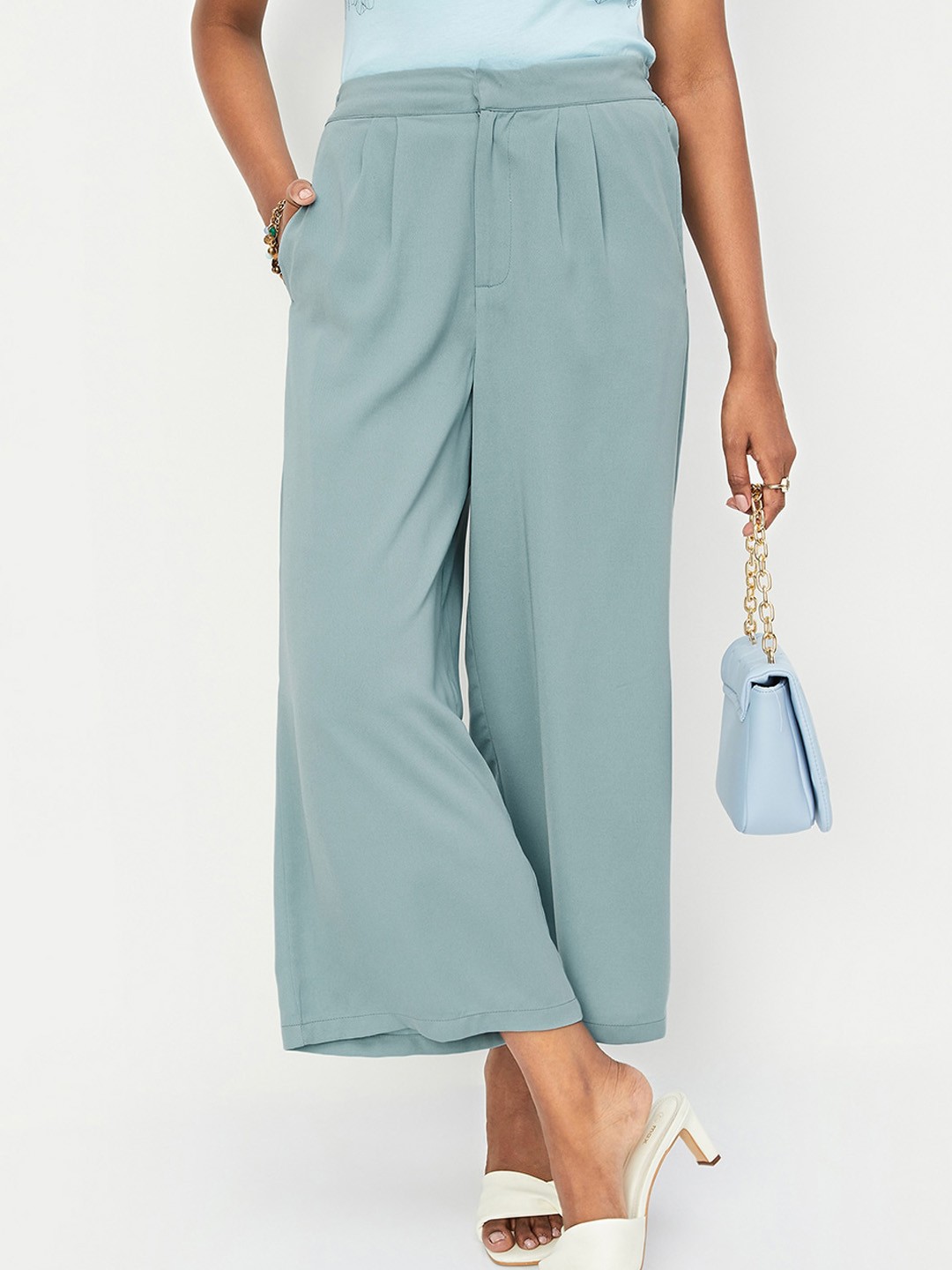 

max Women Pleated Parallel Trousers, Blue