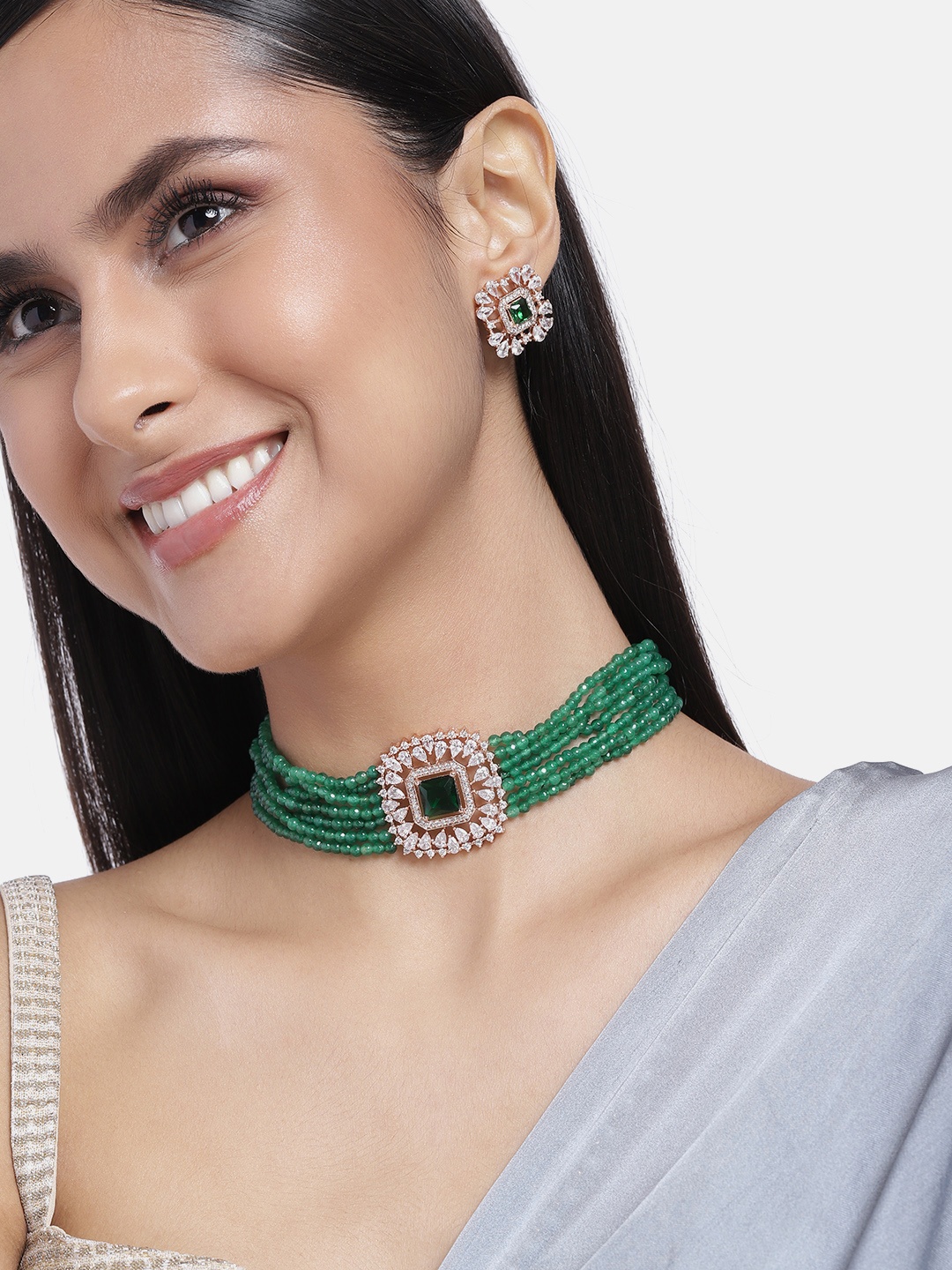 

Estele Rose Gold Plated CZ Square Shaped Choker Necklace Set with Green Beads