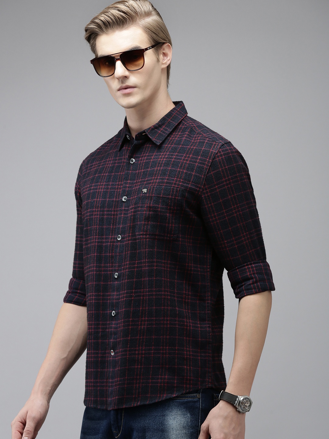 

THE BEAR HOUSE Men Navy Blue Slim Fit Tartan Checks Opaque Checked Casual Shirt
