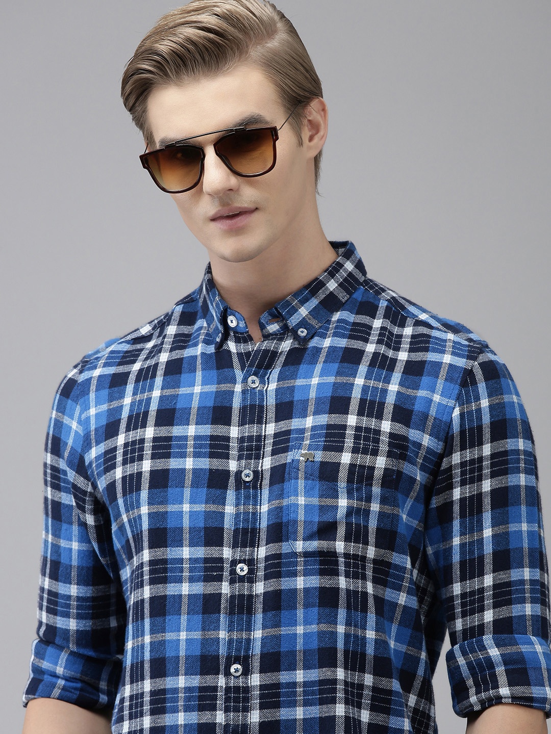 

THE BEAR HOUSE Men Blue Slim Fit Opaque Checked Casual Shirt