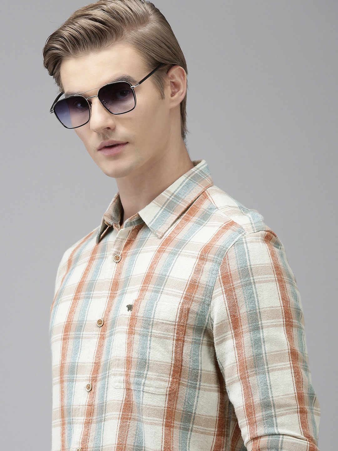 

THE BEAR HOUSE Men Beige Slim Fit Opaque Checked Casual Shirt