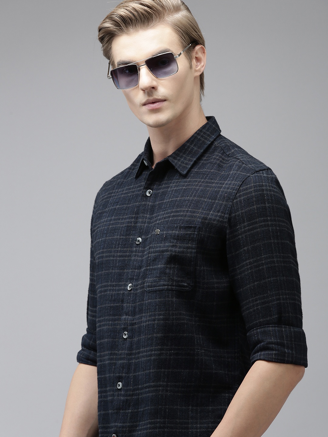 

THE BEAR HOUSE Men Navy Blue Slim Fit Opaque Checked Casual Shirt