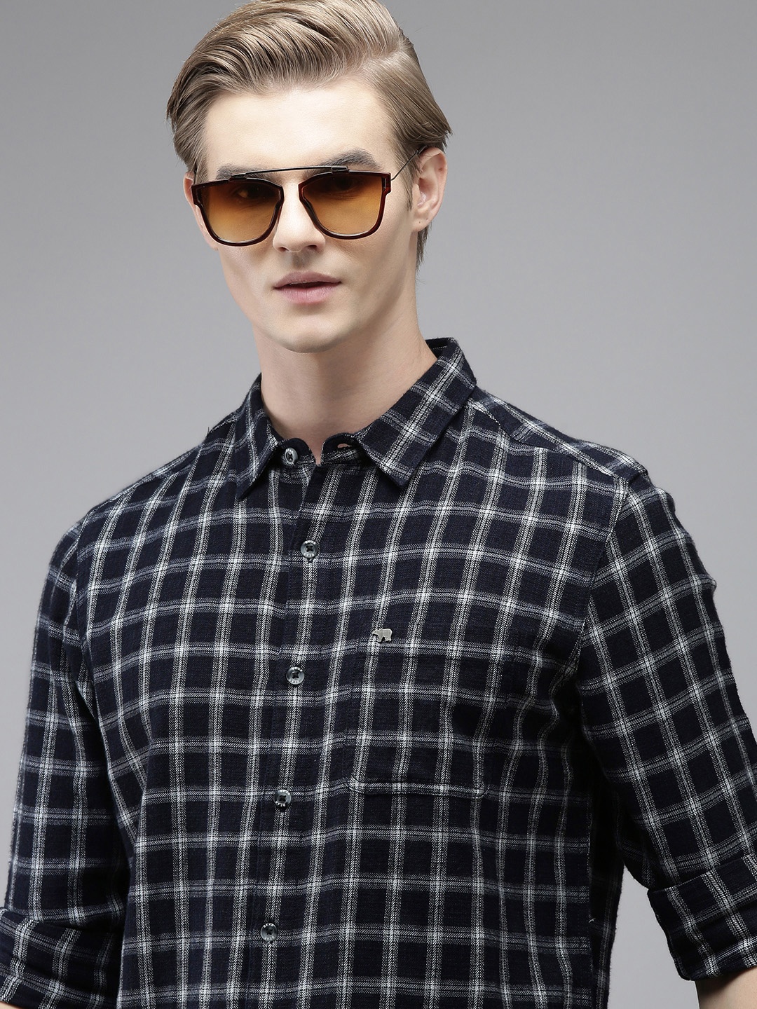 

THE BEAR HOUSE Men Navy Blue Slim Fit Opaque Checked Casual Shirt