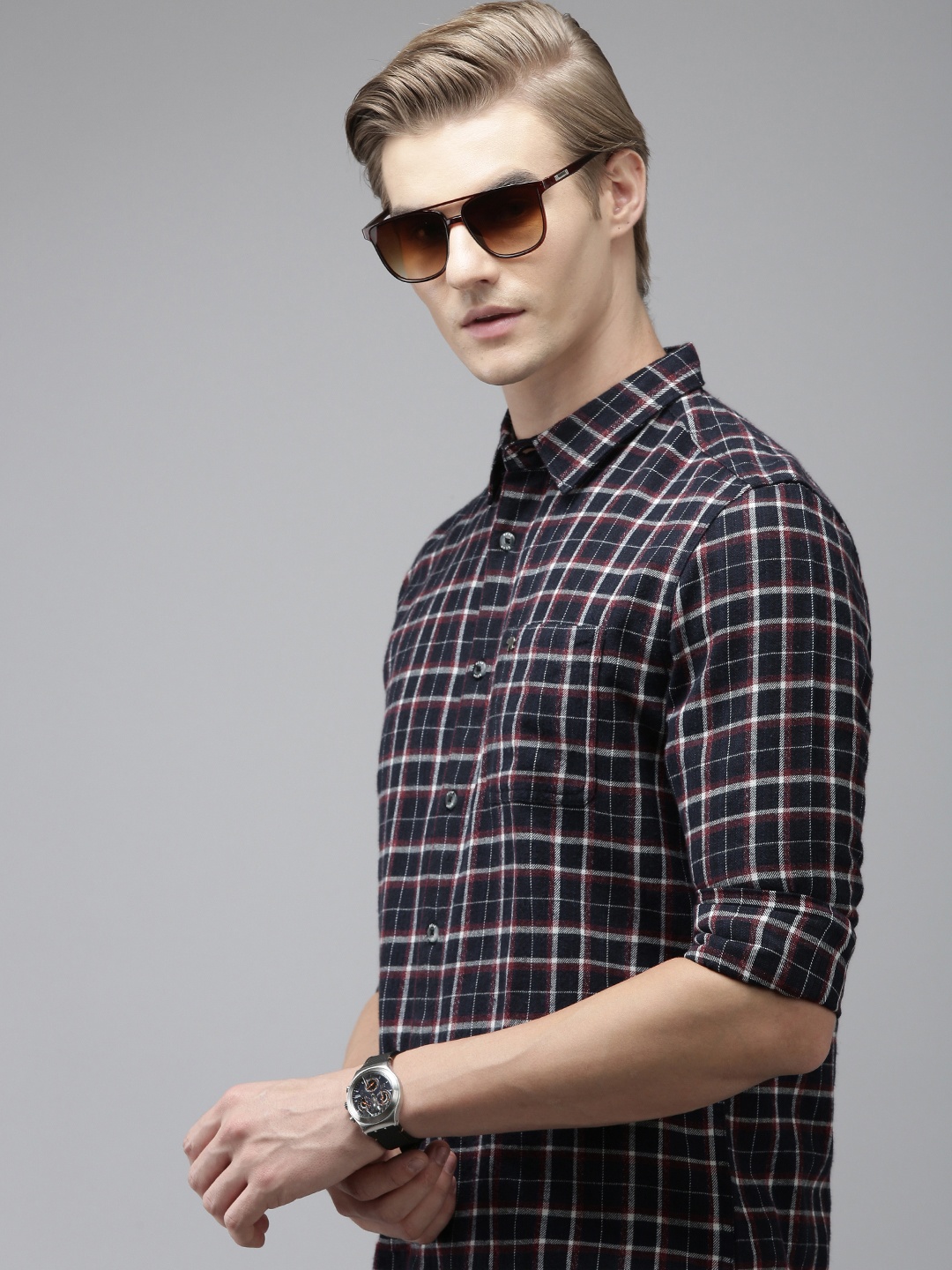 

THE BEAR HOUSE Men Navy Blue Slim Fit Opaque Checked Casual Shirt