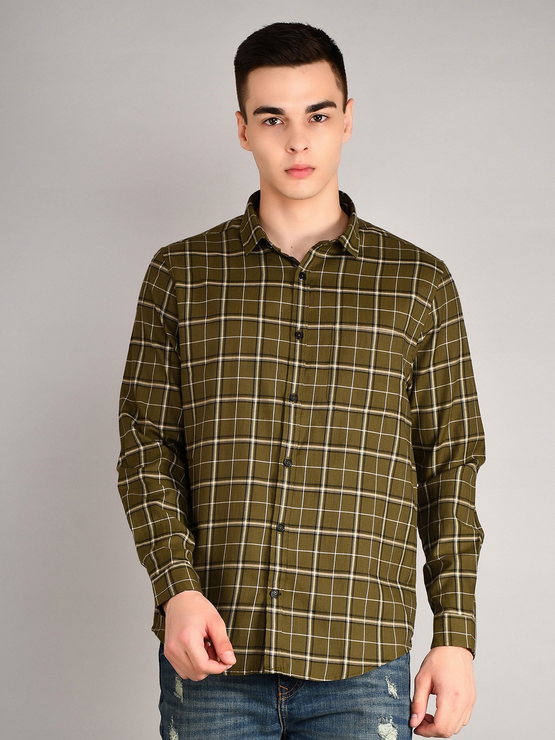 

TIM PARIS Standard Tartan Checked Pure Cotton Casual Shirt, Olive