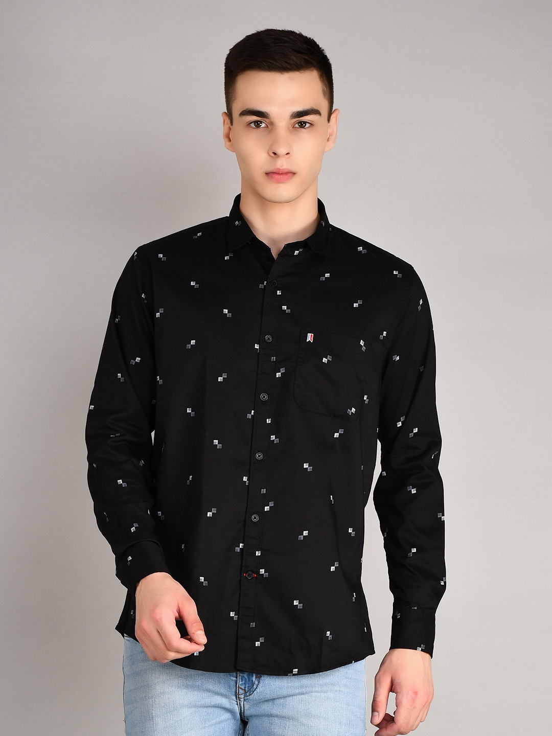 

TIM PARIS Spread Collar Long Sleeves Standard Micro Ditsy Printed Pure Cotton Casual Shirt, Black