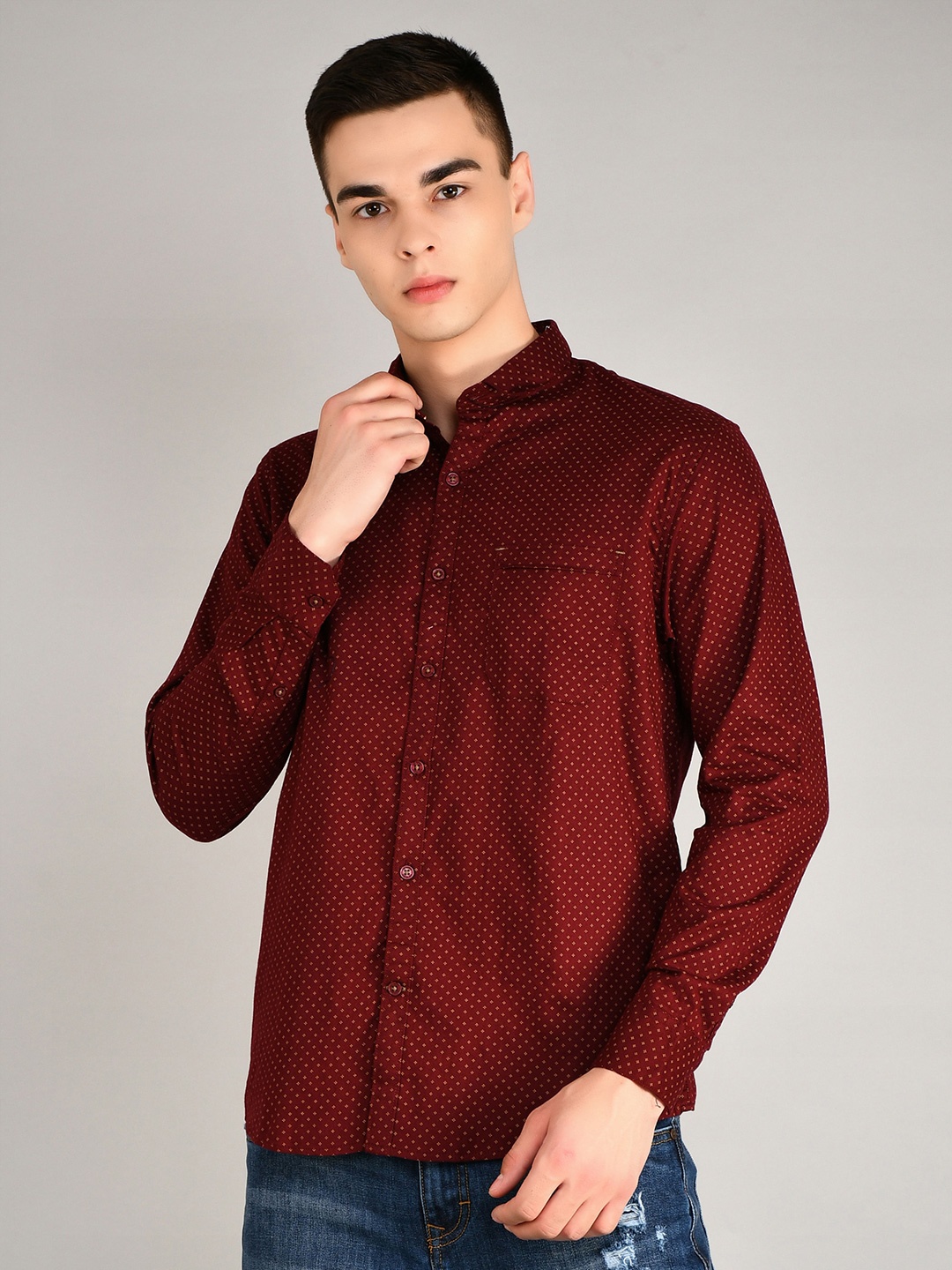 

TIM PARIS Spread Collar Long Sleeves Standard Micro Ditsy Printed Pure Cotton Casual Shirt, Maroon