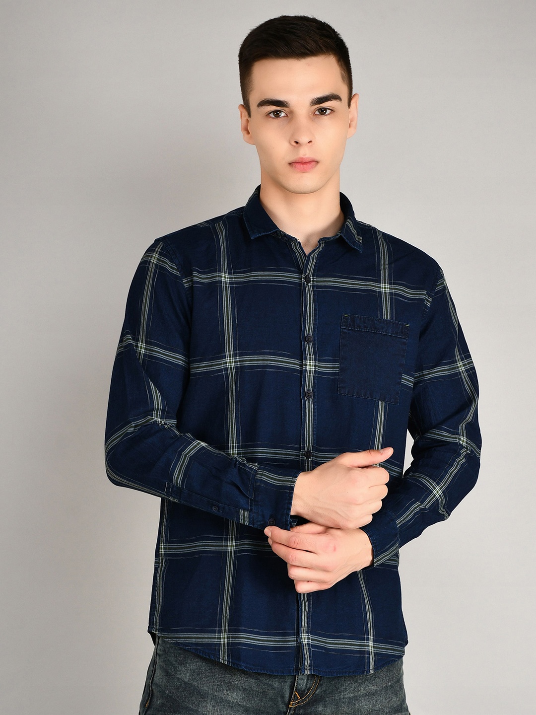 

TIM PARIS Standard Tartan Checked Pure Cotton Casual Shirt, Navy blue