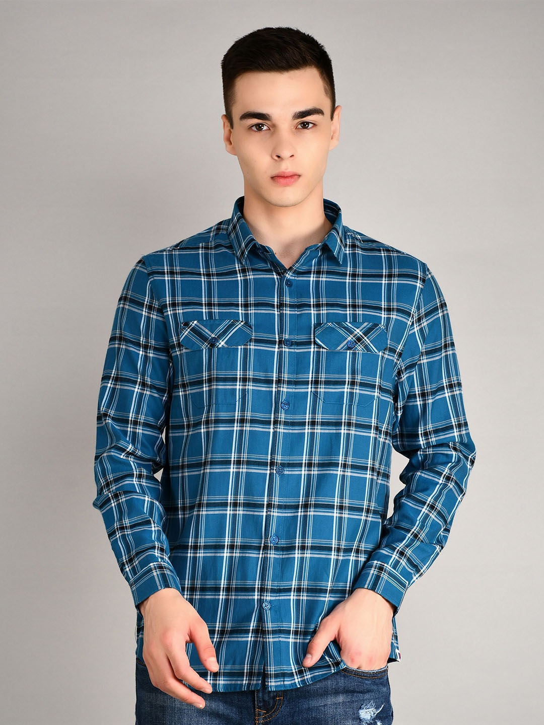 

TIM PARIS Spread Collar Long Sleeves Standard Tartan Checked Casual Pure Cotton Shirt, Blue