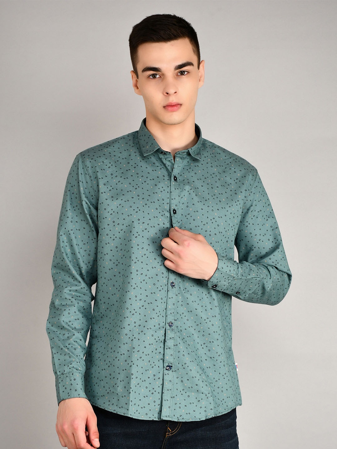 

TIM PARIS Standard Micro Ditsy Printed Casual Cotton Shirt, Green