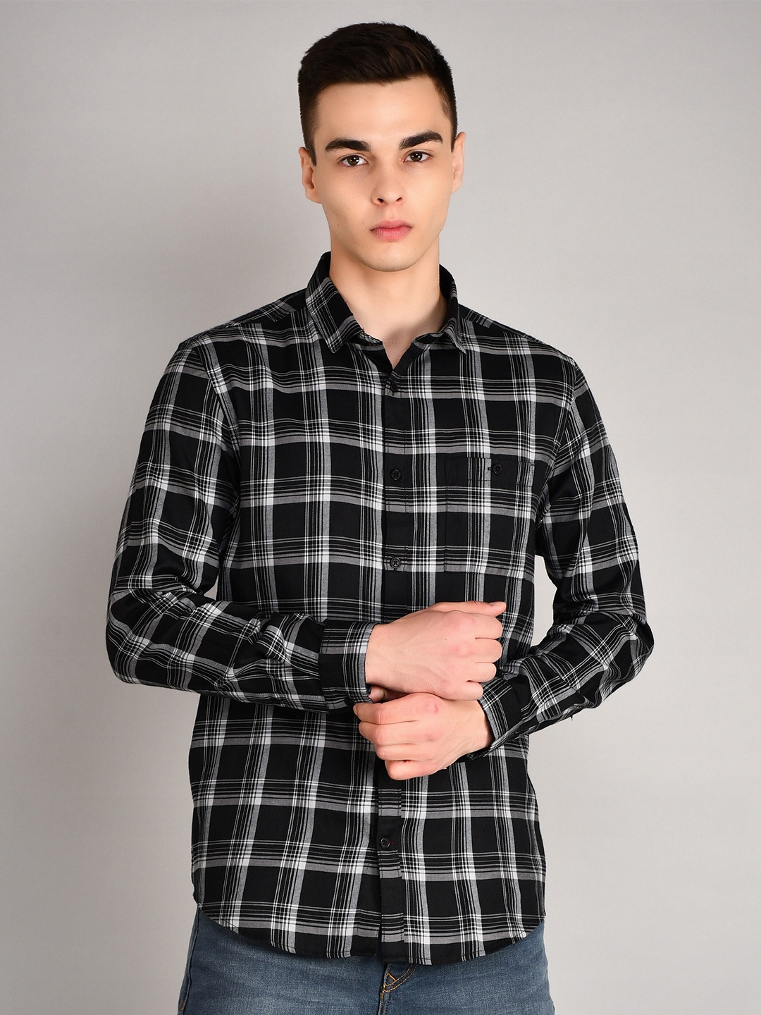 

TIM PARIS Standard Tartan Checked Casual Cotton Shirt, Black