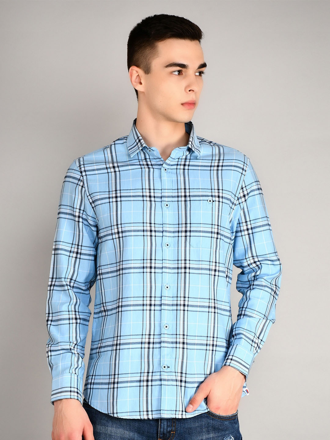 

TIM PARIS Standard Tartan Checked Casual Cotton Shirt, Blue