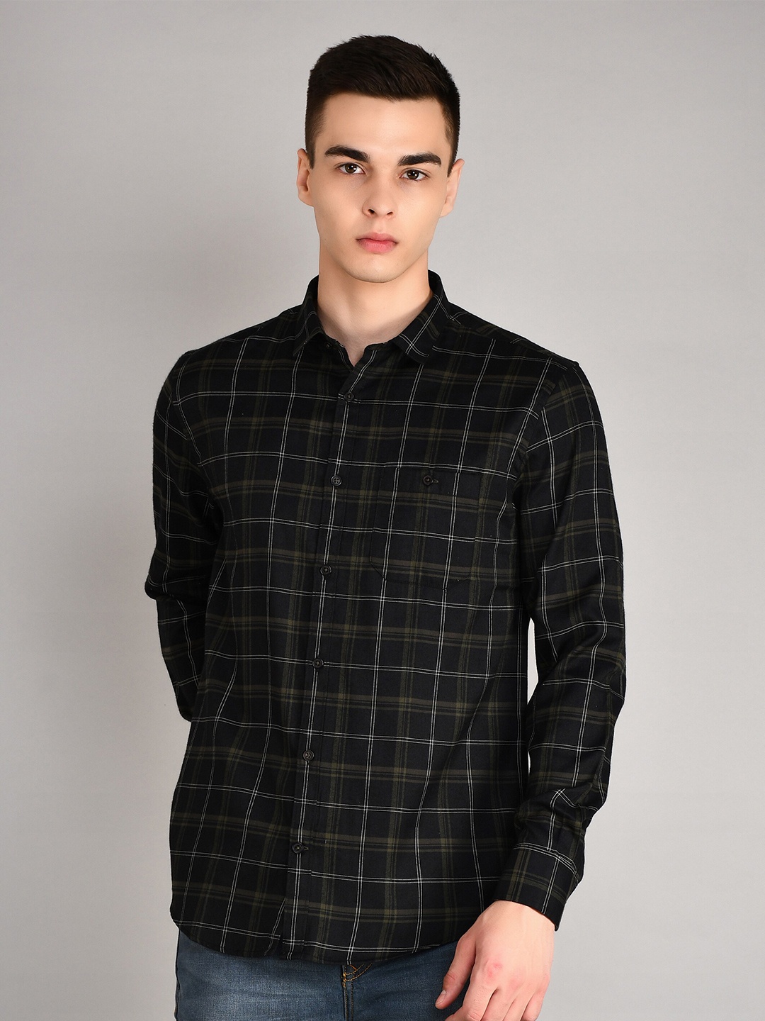 

TIM PARIS Standard Tartan Checked Pure Cotton Casual Shirt, Black