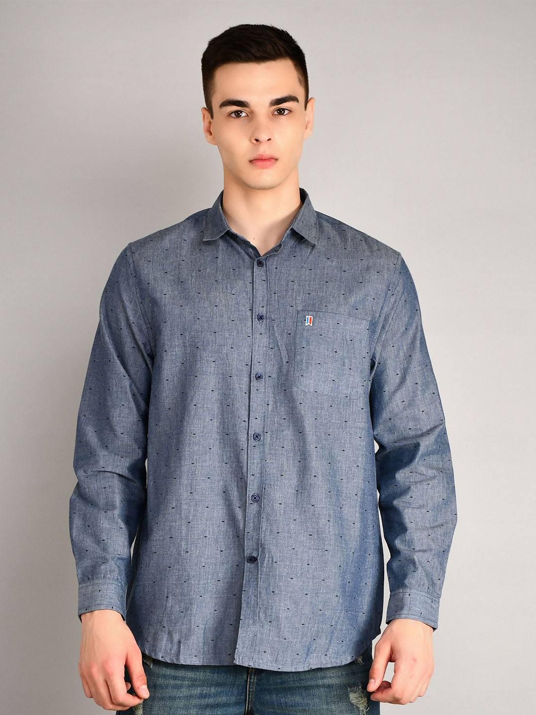 

TIM PARIS Spread Collar Long Sleeves Standard Micro Ditsy Printed Pure Cotton Casual Shirt, Blue