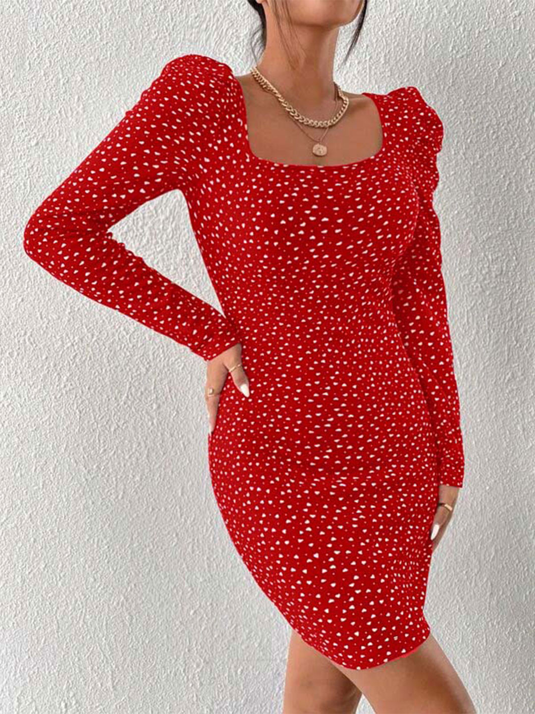 

RAJOVATI Conversational Printed Puff Sleeves Cotton Bodycon Mini Dress, Red